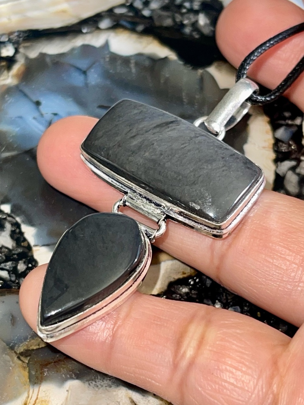 Lightweight 2 -Tier Dark Hypersthene Ferrosilite Pendant 2 1/2”